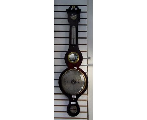 19th century wheel barometer, thermometer, hygrometer, spirit level and convex mirror (damaged)   