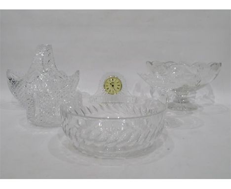 Quantity of cut glass to include a Galway Irish crystal quartz mantel clock, a Waterford glass pedestal dish, a glass bowl an