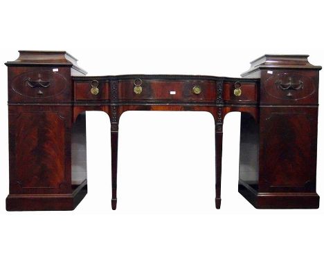 Mahogany twin-pedestal breakfront sideboard, the caddy topped pedestals enclosed by a door with applied urn ornamentation, pl