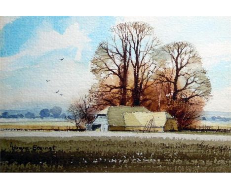 20th century watercolour&nbsp;of barns in landscape, signed lower left 'Howe-Bonnett'(?), a colour print of a nude in coastal