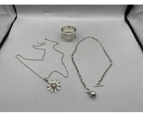 HM Silver Napkin Ring and Two Silver Necklaces