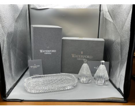 Boxed Waterford Crystal Vanity Set tray Trinket Dish Ring Holder, and Pair of Boxed Waterford Crystal Heavy Pear Shaped Paper