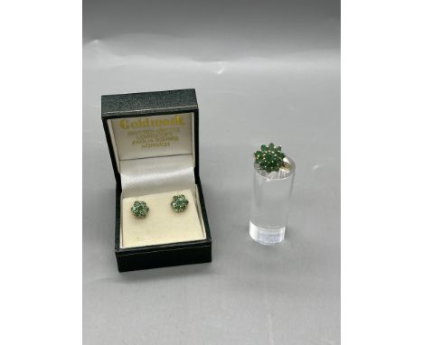 9ct Gold Green Gemstone Cluster Ring and Earrings Set