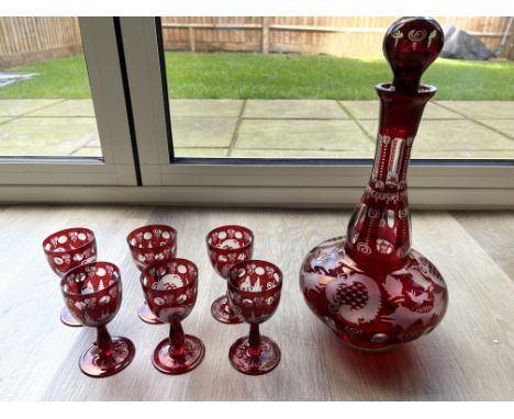 Bohemian Glass Cut to Clear Decanter, 6 Glasses
Bohemian Glass Cut to Clear Decanter and Six Glasses, the decanter with stopp