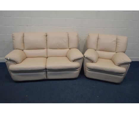 A CREAM LEATHER MANUAL RECLINING TWO PIECE SUITE, comprising a two seater settee and a single armchair (2)