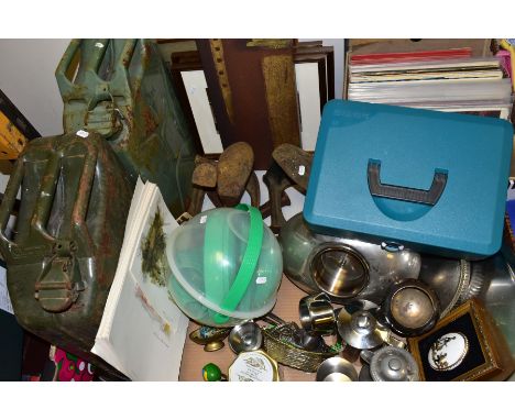 TWO BOXES AND LOOSE SUNDRY ITEMS etc to include two 20 litre jerry cans, modern ovoid chrome oil lamp/candle holder, picnic s