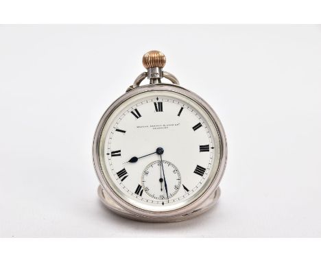 AN EARLY 20TH CENTURY, SILVER OPEN FACE POCKET WATCH, white dial signed 'Manoah Rhode &amp; Sons Ltd, Bradford' roman numeral