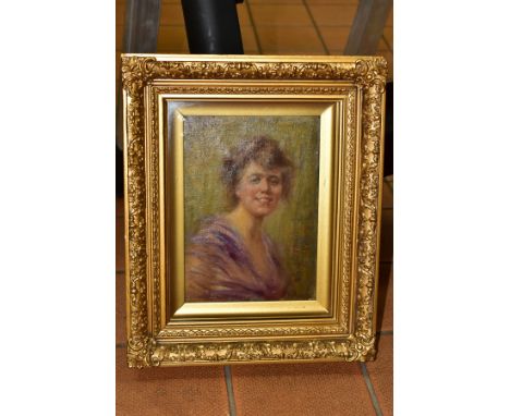 V. TESSARI?, A PORTRAIT OF A FEMALE FIGURE WEARING A PURPLE DRESS, circa 1920's/1930's, signed bottom right, oil on canvas, g