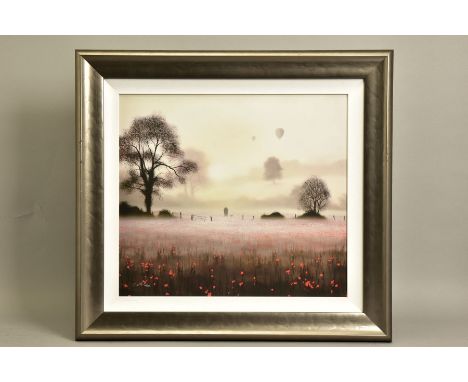 JOHN WATERHOUSE (BRITISH 1967) 'DAWN VOYAGES', a limited edition print 46/195, hot air balloons over a misty field, signed bo