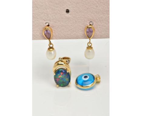 TWO YELLOW METAL PENDANTS AND A PAIR OF EARRINGS, the first pendant suspending a believed to be Gilson synthetic opal triplet