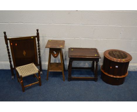 A VICTORIAN MAHOGANY CYLINDRICAL STEP COMMODE, an oak rectangular occasional table with a glass top, an arts and crafts taper