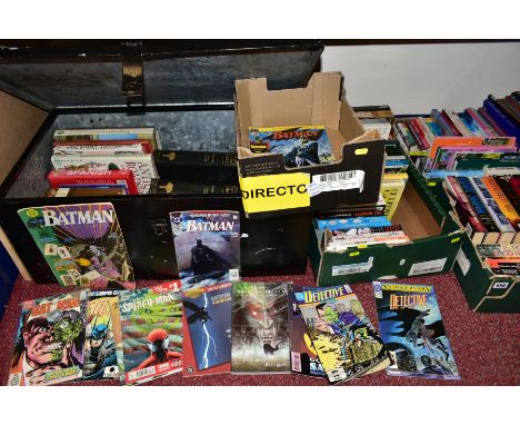 FOUR BOXES AND A METAL TRUNK OF BOOKS AND COMICS, Batman comics, novels, gardening interest, cookery interest, Antiques, etc 