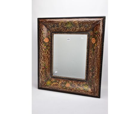 A LATE 20TH CENTURY BEVELLED LARGE GLASS MIRROR, the wooden frame hand painted decoration, depicting animal print and flowers