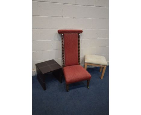 AN OAK BOBBIN TURNED PRAYER CHAIR, along with a modern beech stool and occasional table (3)