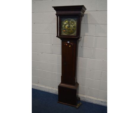 A GEORGIAN OAK 30 HOUR LONGCASE CLOCK, the square hood with fluted columns flanking a square glass door enclosing a brass 9 i