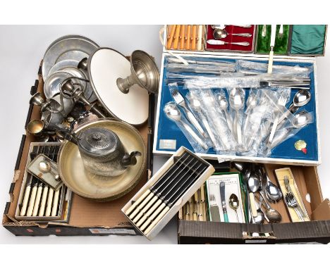 TWO BOXES OF ASSORTED WHITE METAL WARE, to include a quantity of cased butter knives, a white metal teapot, a silver plated t