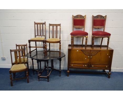 AN EARLY 20TH CENTURY OAK BLACK FINISH GATE LEG TABLE, open width 121cm, with a near set of four oak chairs, pair of Edwardia