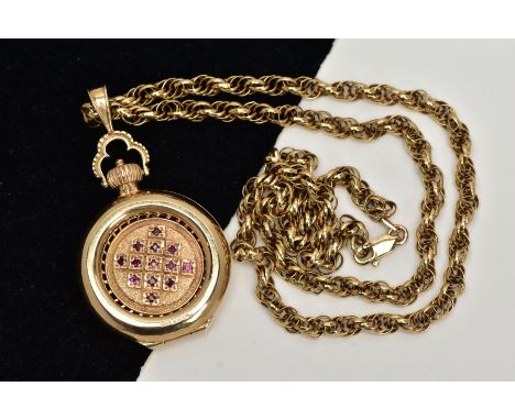 A 9CT GOLD GEM SET PENDANT NECKLACE, the pendant in the form of a fob, hallmarked 9ct gold Birmingham, opens to reveal a remo
