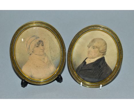 A PAIR OF EARLY 19TH CENTURY PORTRAIT MINIATURE WATERCOLOURS ON CARD OF A LADY AND GENTLEMAN, the portrait of the gentleman s