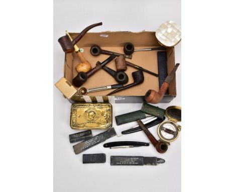 A BOX OF WOODEN PIPES, compact, a very worn Princess Mary Christmas tin, compass and boxed shaving blades, the pipes with ear