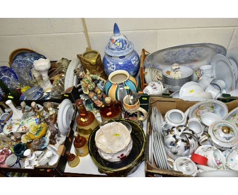 FOUR BOXES AND LOOSE OF CERAMICS AND GLASSWARE, including two Japanese part tea services, Crown Ming 'Queens Lace' part dinne