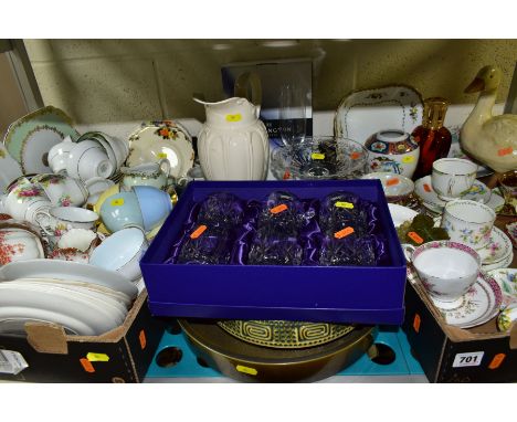 TWO BOXES AND LOOSE OF CERAMICS AND GLASS, including Stuart cut glass comport, six boxed Edinburgh Crystal cut glass tumblers