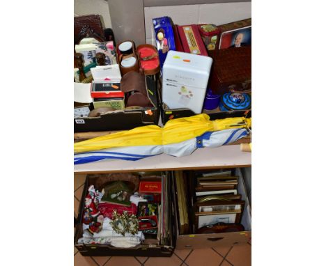 FOUR BOXES AND LOOSE WALKING STICKS, PRINTS, BISCUIT TINS, CLOCKS, TABLE LINEN, etc, including a cased pair of Perl 7x50 bino