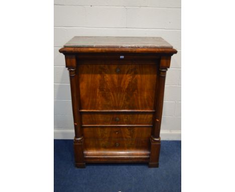 A 19TH CENTURY FLAME MAHOGANY ESCRITOIRE, with a later veined marble top, twin cylindrical tapering pillars flanking a single