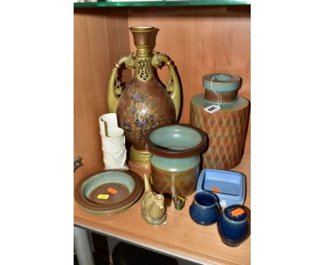 A GROUP OF DENBY AND OTHER CERAMICS, including a Denby cylindrical vase with brown and turquoise glazes, incised with a trell