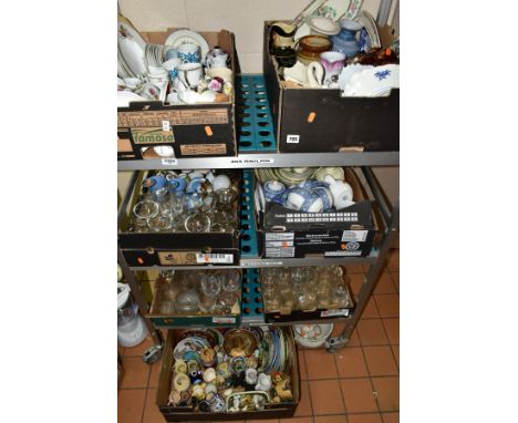 SEVEN BOXES AND LOOSE OF CERAMICS AND GLASSWARE, including Doulton Everyday Glen Ora part dinner and tea service, Wedgwood ja