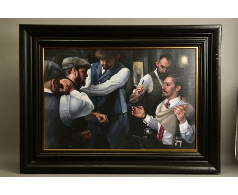 VINCENT KAMP (BRITISH CONTEMPORARY) 'THE BETRAYAL' a limited edition print of male figures in a barbers shop 45/150, signed b