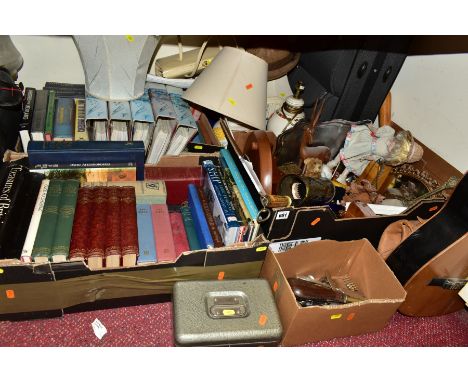 FOUR BOXES AND LOOSE OF MISCELLANEOUS ITEMS, including trench art, a brass and leather gun powder flask, book ends, table lam