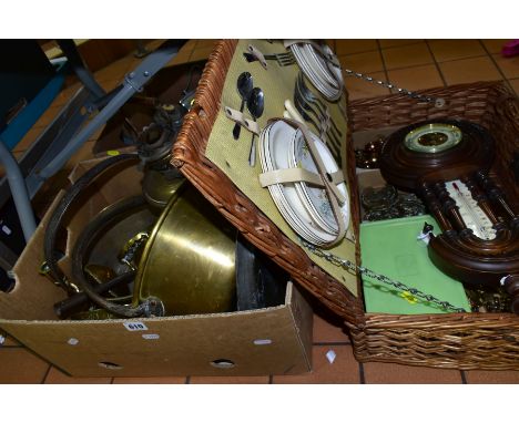 TWO BOXES OF ASSORTED METALWARES, BREXTAN WICKER PICNIC HAMPER, BAROMETERS, ETC, including brass jam pans, small brass saucep