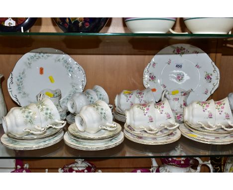 TWO PARAGON PART TEASETS, comprising 'Fragrance' cake/sandwich plate, milk jug, sugar bowl, six tea cups, five saucers (one c