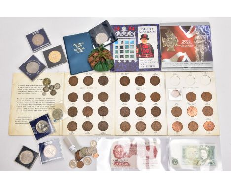 A CARDBOARD BOX OF COIN AND BANKNOTES to include a 1994 and 2006 H.U. Year sets, an L K O'Brien ten shilling note, a 94Z in g