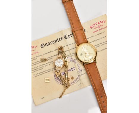 A LADY'S GOLD 'ROTARY' WRISTWATCH AND A 'LORUS' QUARTZ DISNEY THEMES WRISTWATCH, 'Rotary' hand wound movement, with a round s