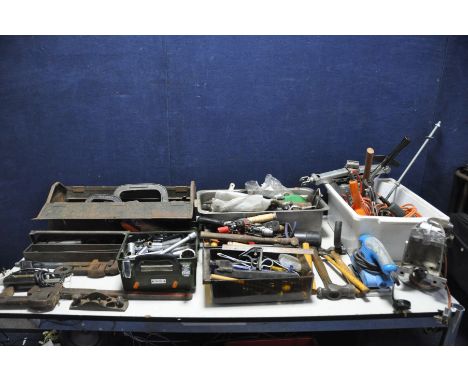 A  THREE TOOLBOXES AND TWO CONTAINERS CONTAINING TOOLS including a 18ins Record Stillson, a 24ins Stillson, two Black and Dec