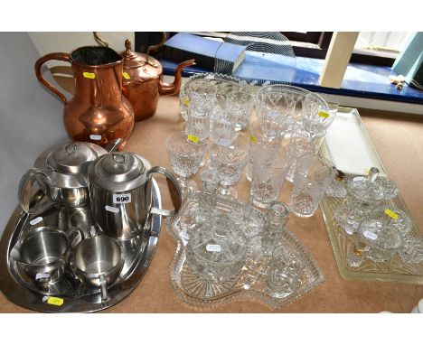 A QUANTITY OF GLASSWARE, COPPER AND STAINLESS, including a boxed Chance glass rectangular platter, two pairs of hi-ball glass