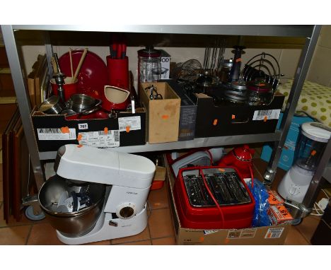 THREE BOXES AND LOOSE OF KITCHEN WARE, including red Le-Creuset tea pot, butter dish and cover, cutlery holder and salt pig, 