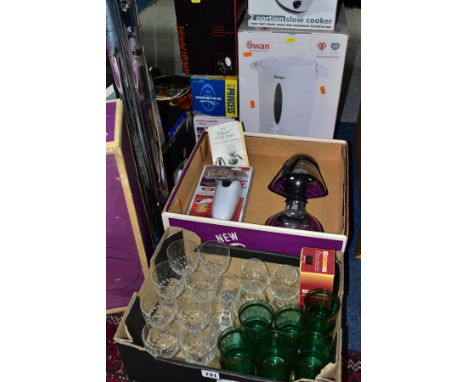 FIVE BOXES OF GLASSWARE, METALWARE, COLLECTABLES, HOUSEHOLD SUNDRIES AND BOXED KITCHEN APPLIANCES, etc, including Old Hall an
