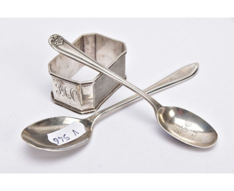 A SILVER NAPKIN RING AND TWO TEASPOONS, the napkin ring of a rectangular form, engine turn design, hallmarked 'H.Poddick &amp