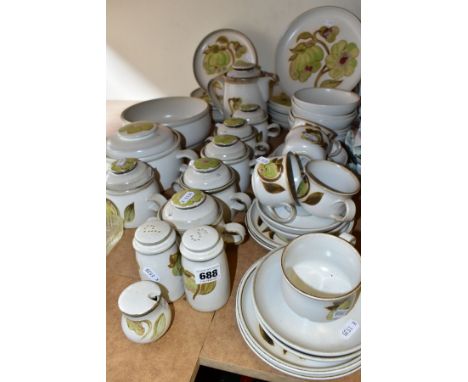 A DENBY TROUBADOUR PART DINNER AND TEA SERVICE, including coffee pot, open serving dish, twin handled serving dish and cover,