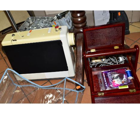 A JONES VX-810 ELECTRIC SEWING MACHINE AND HABERDASHERY ITEMS, including a boxed Osborne hand button machine W1, a sewing box
