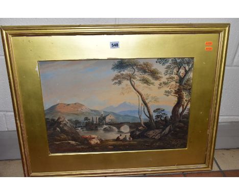JOHN VARLEY (1778-1842) FIGURES AND CATTLE RESTING BESIDE A RIVER, watermill to the mid ground, hills to the distance, signed