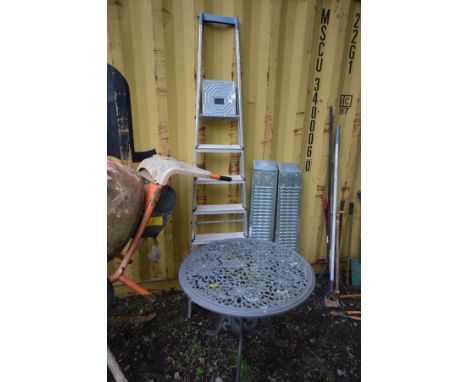 A PAIR OF STAINLESS STEEL LOADING RAMPS, length 124cm along with an aluminium folding step ladder and an aluminium garden tab