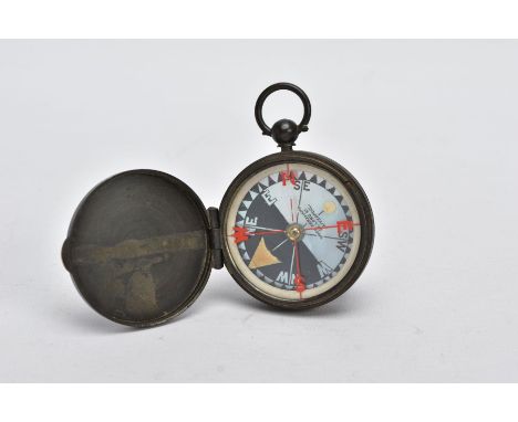 A 'WOOD ABRAHAMS' COMPASS, base metal compass, round mother of pearl dial, signed 'Wood Abrahams 20 Lord St, Liverpool', in w