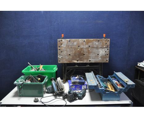 A COLLECTION OF POWER TOOLS AND TWO TRAYS OF HANDTOOLS including a Black and Decker 7.2v cordless drill, a Focus Jigsaw, (bot