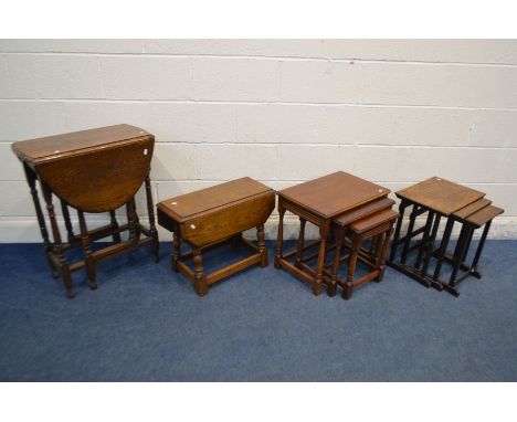 FOUR PIECES OF OAK FURNITURE to include an early 20th century slim gate leg table on turned cylindrical legs open length 89cm