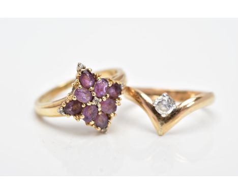 A 9CT GOLD AMETHYST AND DIAMOND CLUSTER RING AND A GOLD PLATED WISHBONE RING, the cluster of a lozenge shape, set with eight 