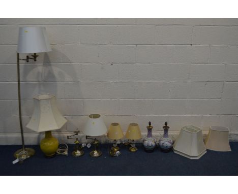 A COLLECTION OF MODERN LAMPS to include a brass uplighter, a pair of house of Fraser table lamps, another smaller pair, a yel